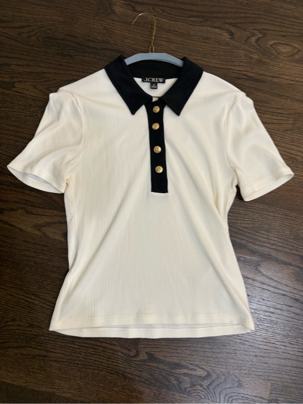 J. Crew Cream Short Sleeve Polo with Black Trim and Gold Buttons